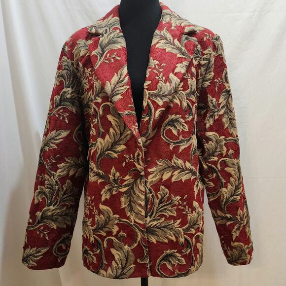 First Option Vintage 90s Red Gold Funky Floral Paisley Brocade Blazer, X-Large - Picture 1 of 12